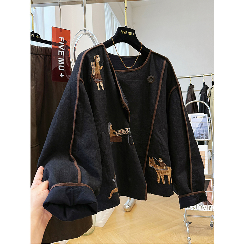 2025春秋季新款设计感棉麻长袖刺绣开衫小外套新中式文艺复古休闲