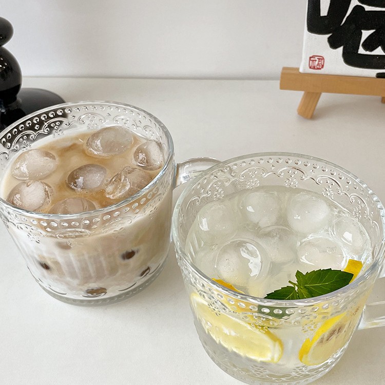 Taza de vidrio con tapa cuchara taza de leche con mango taza de café de alto aspecto hogar Retro en relieve taza de desayuno de avena