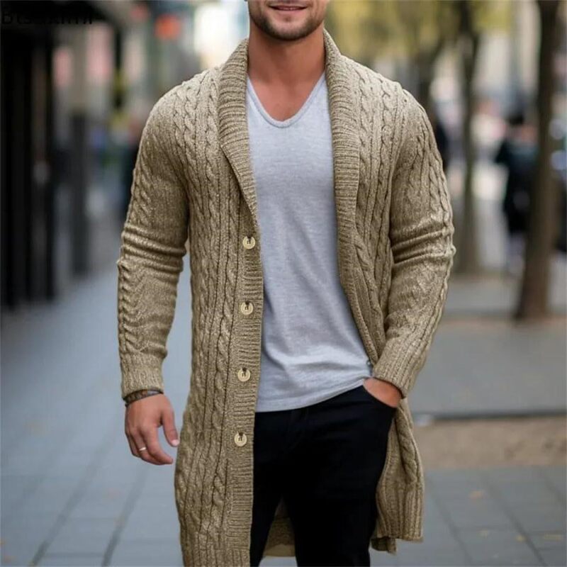 Foreign Trade Men's Clothing European and American Style Men's Mid-Length Knitted Cardigan with Cable Texture Thickened Cardigan Sweater Jacket Sy0107