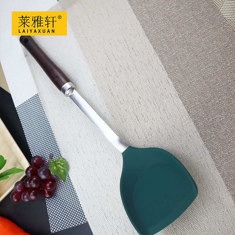 Stainless steel lengthened wooden handle silicone spatula kitchen supplies household non-stick frying spatula soup spoon cooking pot spatula