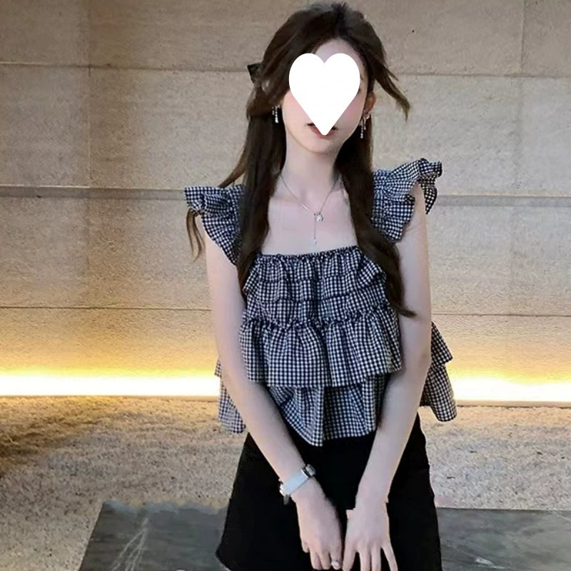 Клетчатая рубашка Babydoll с маленькими летящими рукавами, женская летняя рубашка без рукавов с французскими рюшами и коротким топом с квадратным вырезом