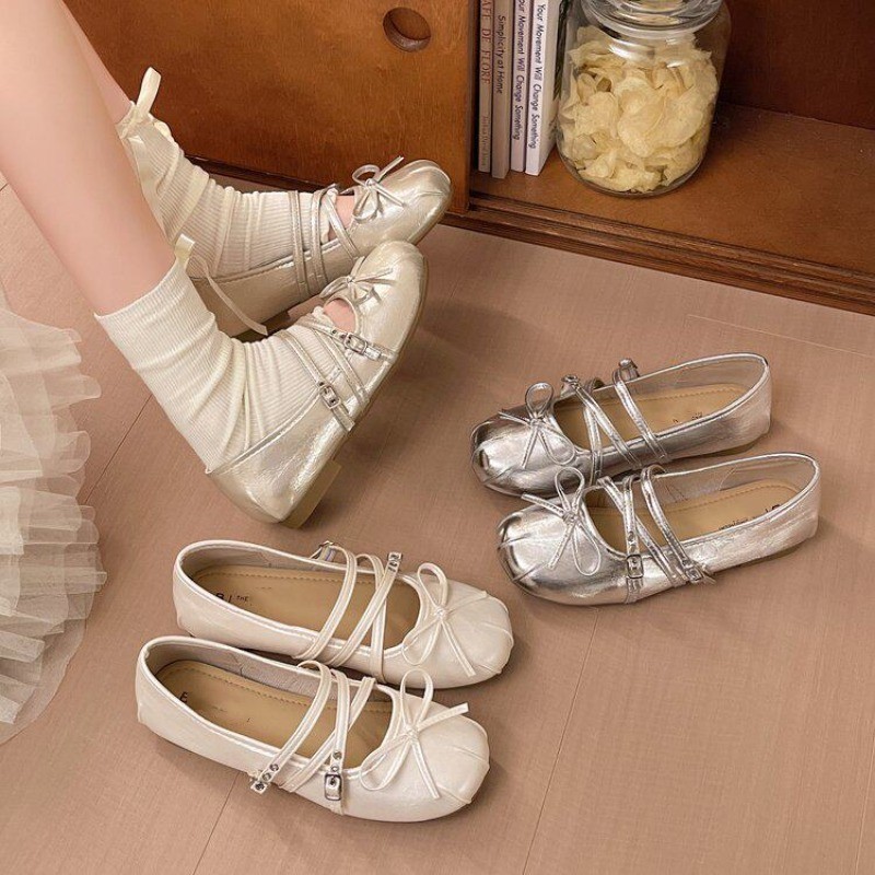 Retro zapatos mary-zhen plateados cuadrados arco zapatos para mujeres 2026 primavera y verano nuevos zapatos de ballet de cuero suave para mujeres