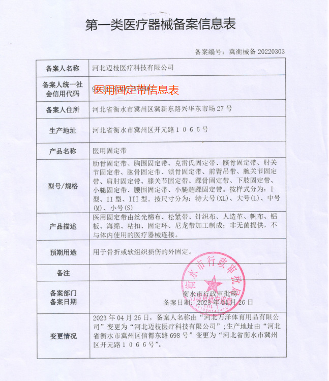 医用固定带信息表1