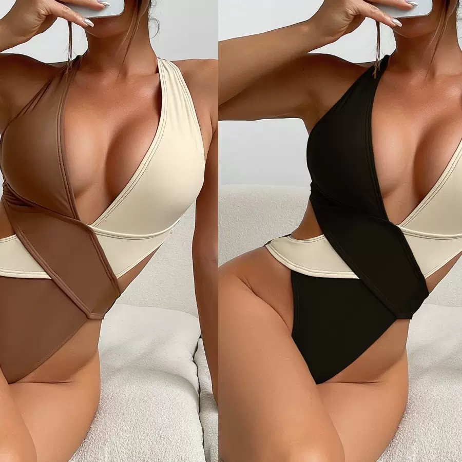 2024跨境专供女士性感泳装Купальник欧美交叉撞色连体泳
