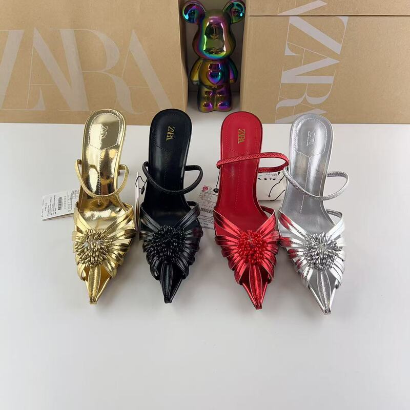 Zar Foreign Trade New Summer Products Women's Shoes Gold Leather Flower-Decorated Thin Back Strap High-Heeled Pointed-Toe Fashion Sandals Zar Foreign Trade New Summer Products Women's Shoes Gold Leather Flower-Decorated Thin Back Strap High-Heeled Pointed-Toe Fashion Sandals