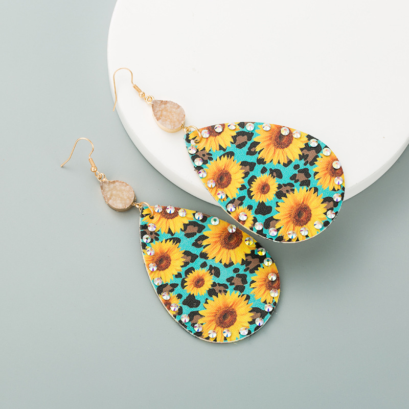 Bohemian style bright leather sunflower earrings