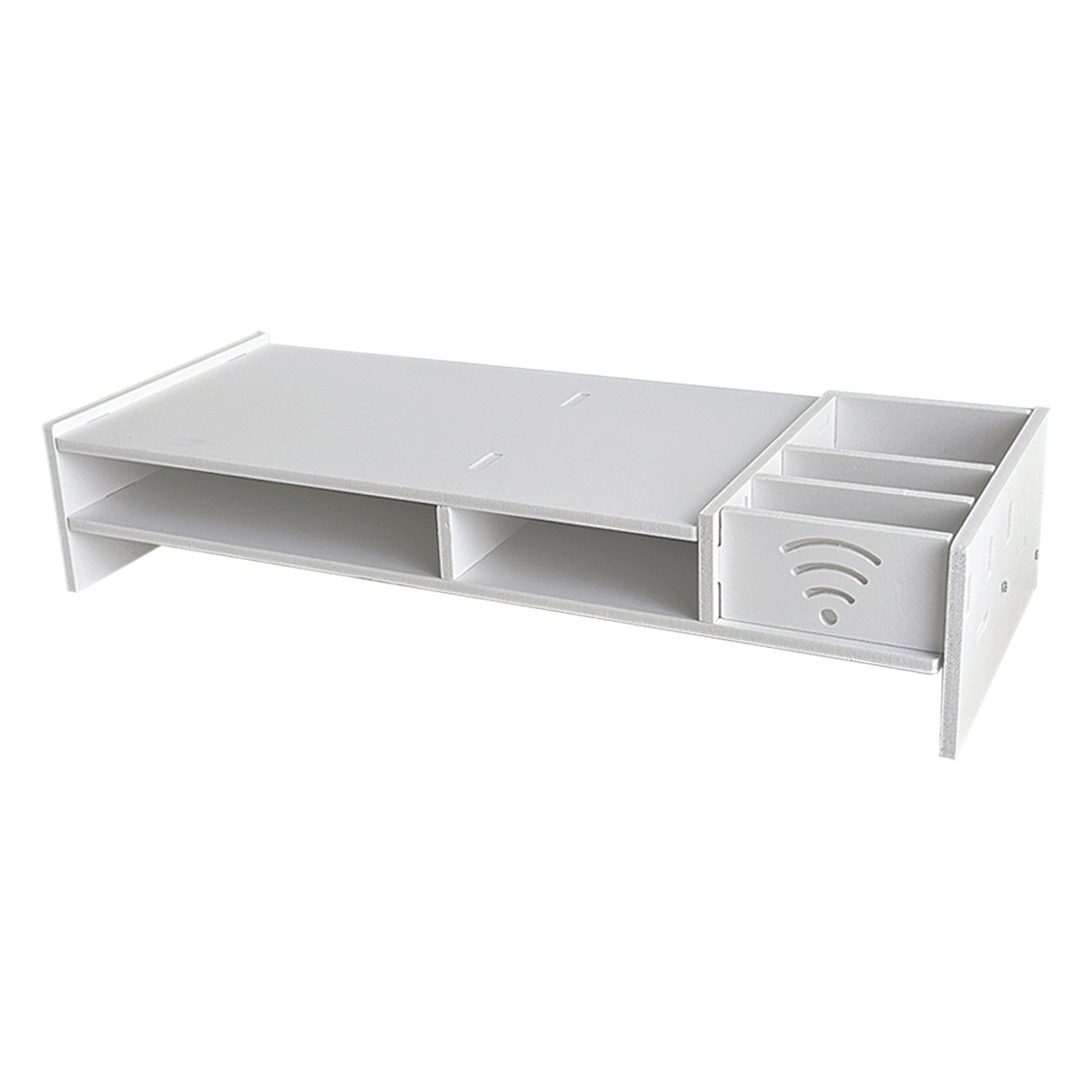 Organizador de escritorio con estantes y cajón, elevador para monitor o computadora.