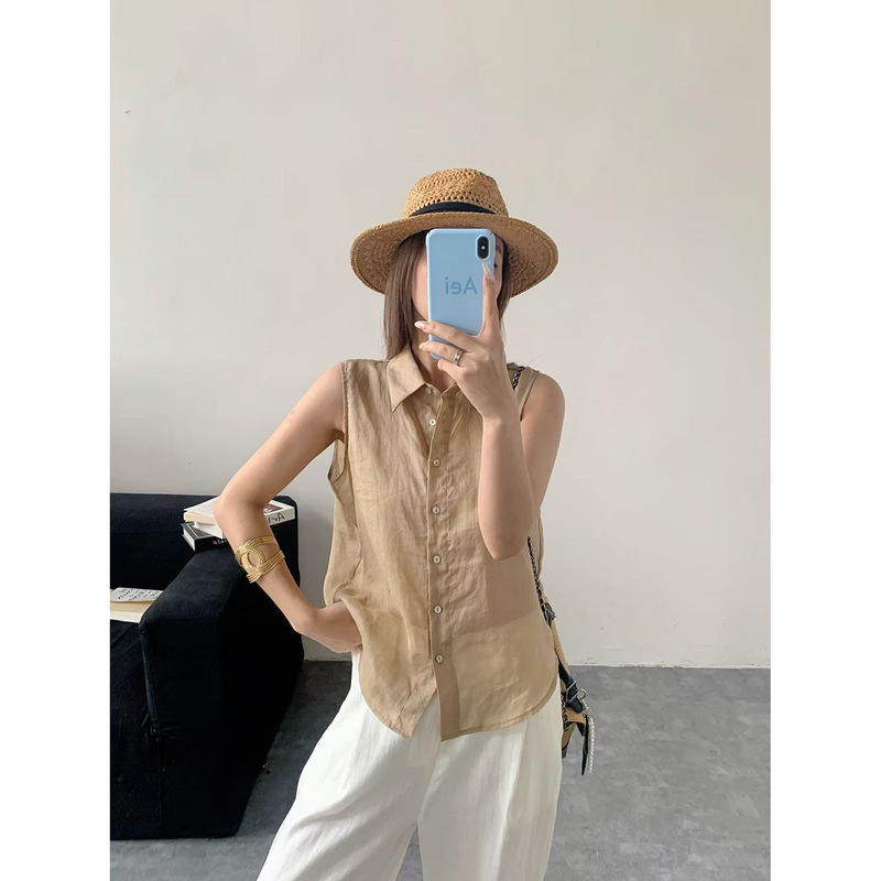 【100. Ramie】Vintage versatile fashionable collared shirt vest for women, summer design, slimming sleeveless top