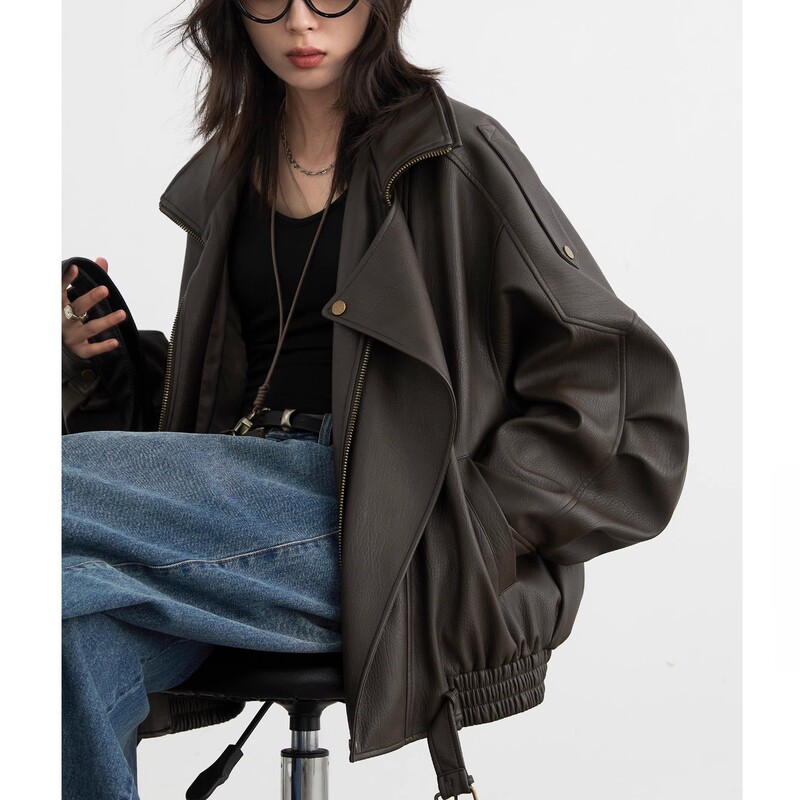 Chicvem Autumn New Heavy-Duty Retro Unisex Stand Collar Motorcycle Leather Jacket Pu Jacket for Women 2025 Chicvem Autumn New Heavy-Duty Retro Unisex Stand Collar Motorcycle Leather Jacket Pu Jacket for Women 2025