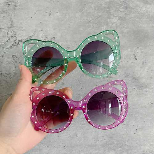  New Korean Style Children's Diamond Rimmed Round Glasses Cute Bear Sunglasses with Fox Ears