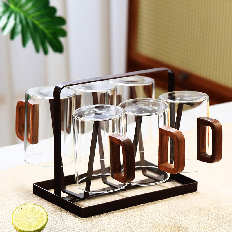 Botella de agua fría de vidrio, taza de agua, olla fría de madera de vidrio para el hogar, olla de té retro resistente al calor, taza de té, juego de agua image 21