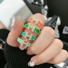 曼波風薄荷綠琺瑯滴釉H字母開口戒指女復古輕奢宮廷時尚氣質指環