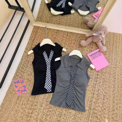 小众格纹领带设计感修身外穿内搭小上衣2025夏季设计感女辣妹背心
