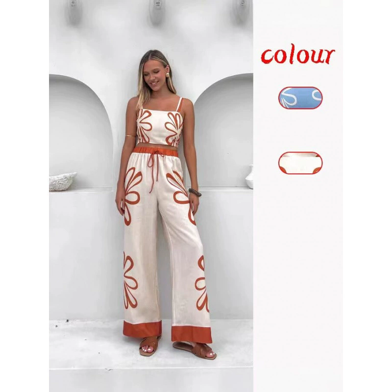 Летний комплект: короткий жилет с принтом и широкие брюки с эластичной талией, комплект с принтом на майке и широкими брюками