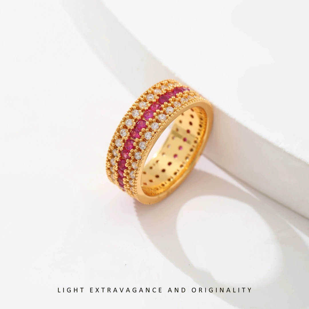 Трехрядное звездное кольцо из золота 18 карат au750, цветное золото, полная бриллиантовая звезда, красная и белая инкрустация, средневековое доступное роскошное высококачественное золото в форме ракушки