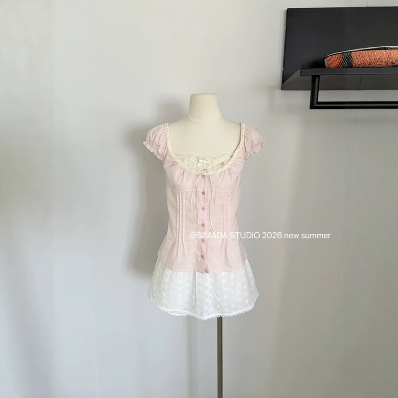 Summer New Arrivals【Simida】Color-Blocked U-Neck Puff Sleeve Lace Patchwork Faux Two-Piece Blouse