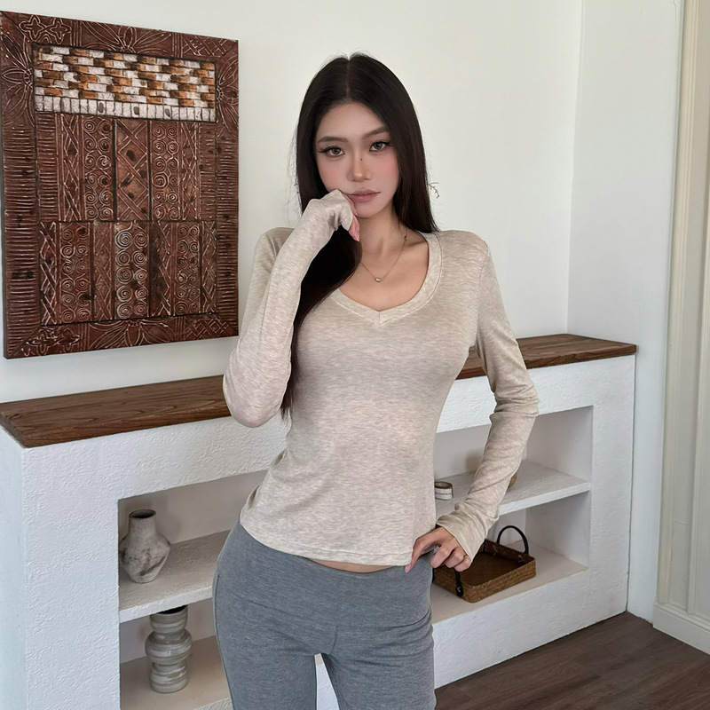 Merino Wool Tencel V-neck Slim Fit Simple Elegant Autumn Winter Long Sleeve Women's Base Shirt T-shirt