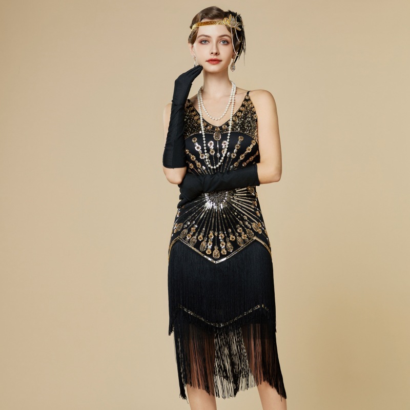 Sequin Tassel Dress 1920S European and American Retro Gatsby Ball Party Spaghetti Strap Dress Amazon Cross-Border