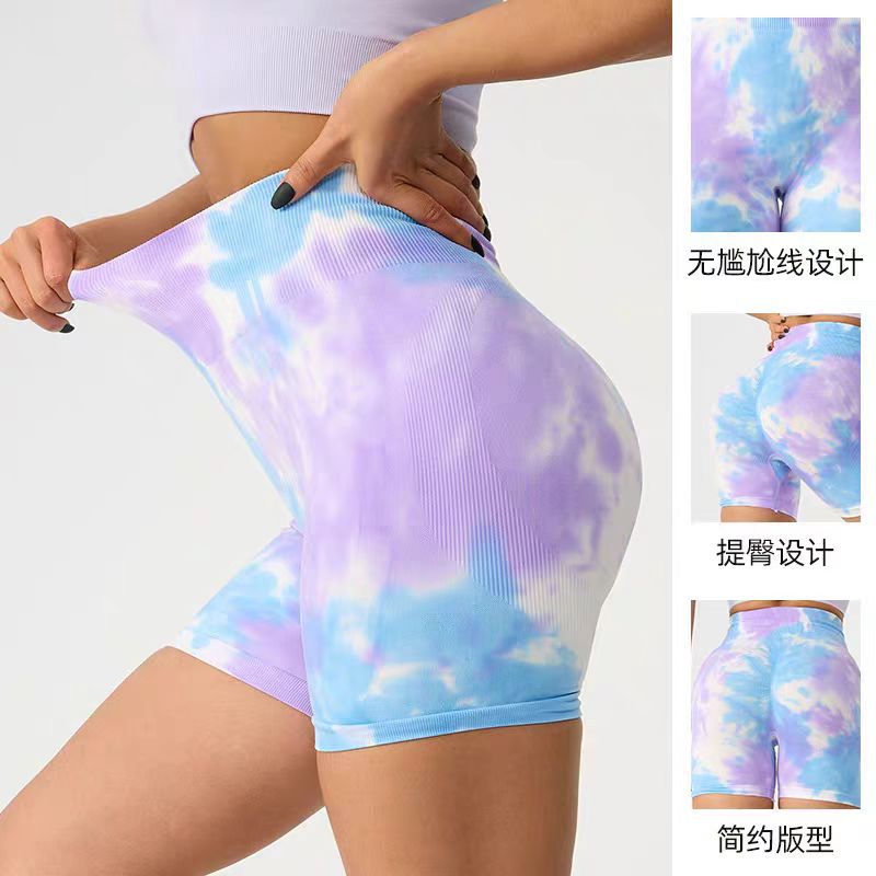 Pantalones de entrenamiento tiñidos por goteos europeos y estadounidenses, pantalones de gimnasio de cintura alta sin costuras, pantalones cortos apretados para correr