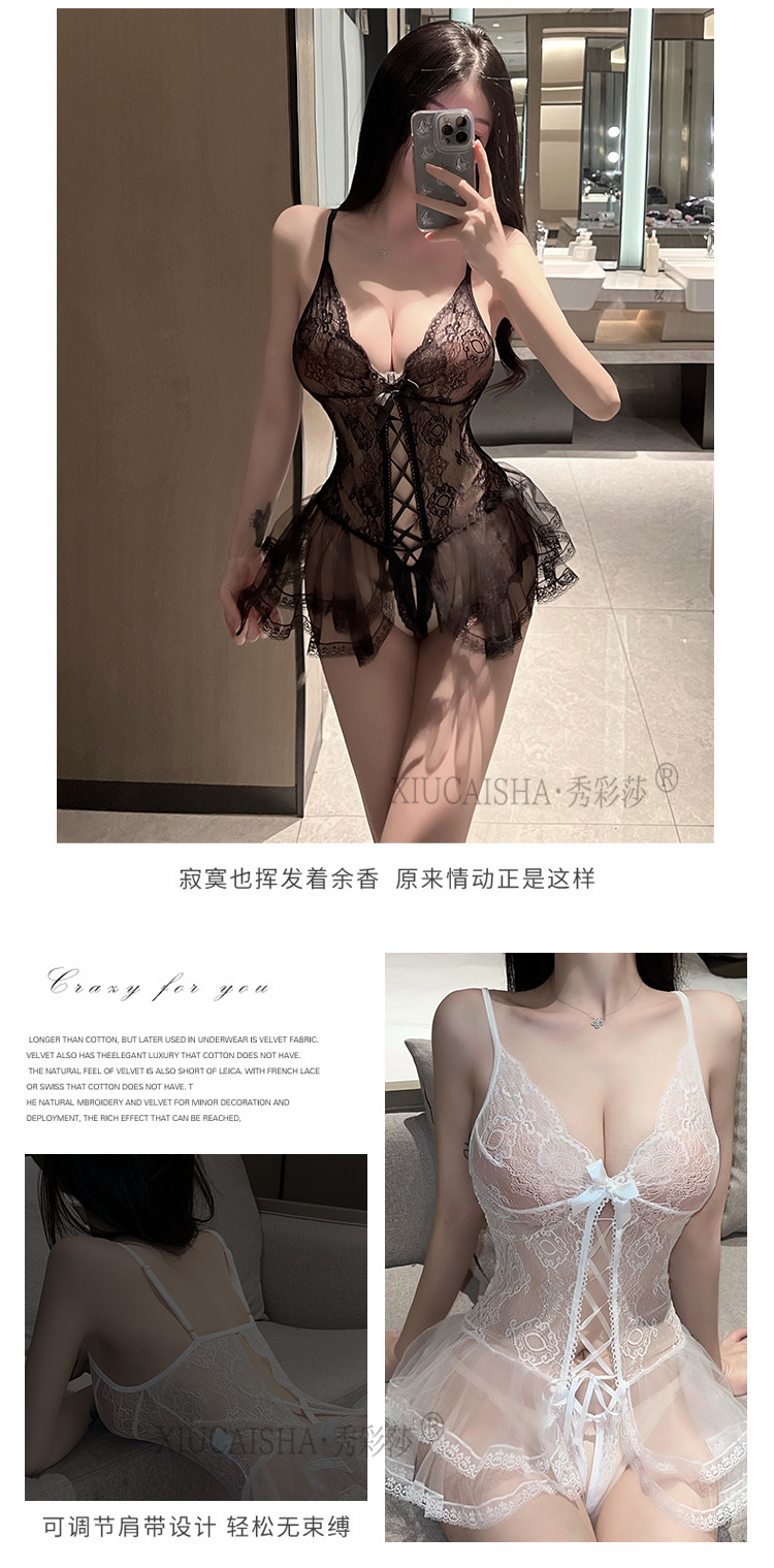 Lace Transparent Bodysuit Nightgown with Open-Crotch Stockings, Black One-Size Lingerie Dress — detail image 7