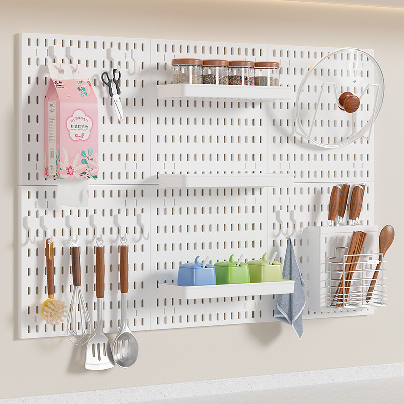 No-Drill Kitchen Perforated Board Wall Storage Rack, Customizable with Pot Lids, Knife Holder, Chopstick Basket, Spice DIY Shelf No-Drill Kitchen Perforated Board Wall Storage Rack, Customizable with Pot Lids, Knife Holder, Chopstick Basket, Spice DIY Shelf