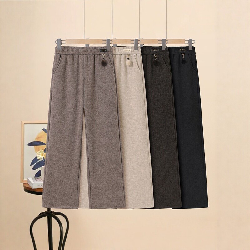 High-waisted loose straight casual pants for women, autumn and winter fleece-lined wide-leg pants, suitable for middle-aged and elderly mothers, with elastic waist and drapey long design High-waisted loose straight casual pants for women, autumn and winter fleece-lined wide-leg pants, suitable for middle-aged and elderly mothers, with elastic waist and drapey long design