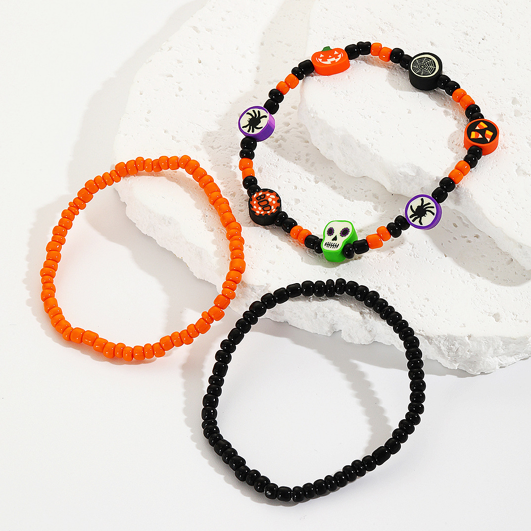 bracelet set hot selling rice beads orange pumpkin skull pendant Halloween bracelet_voghion.com