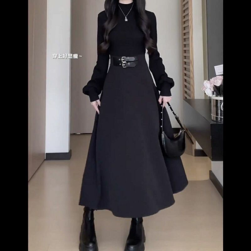 法式黑色内搭连衣裙子女秋冬2025年新款小个子掐腰裙约会穿搭礼服|undefined