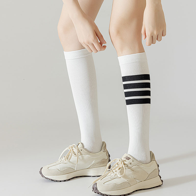 Personalized Ab Style Pressure Sports Trendy Socks for Women with Four Stripes and Lettering, Calf-Length Socks for Running, Fitness, and Aerobics Personalized Ab Style Pressure Sports Trendy Socks for Women with Four Stripes and Lettering, Calf-Length Socks for Running, Fitness, and Aerobics