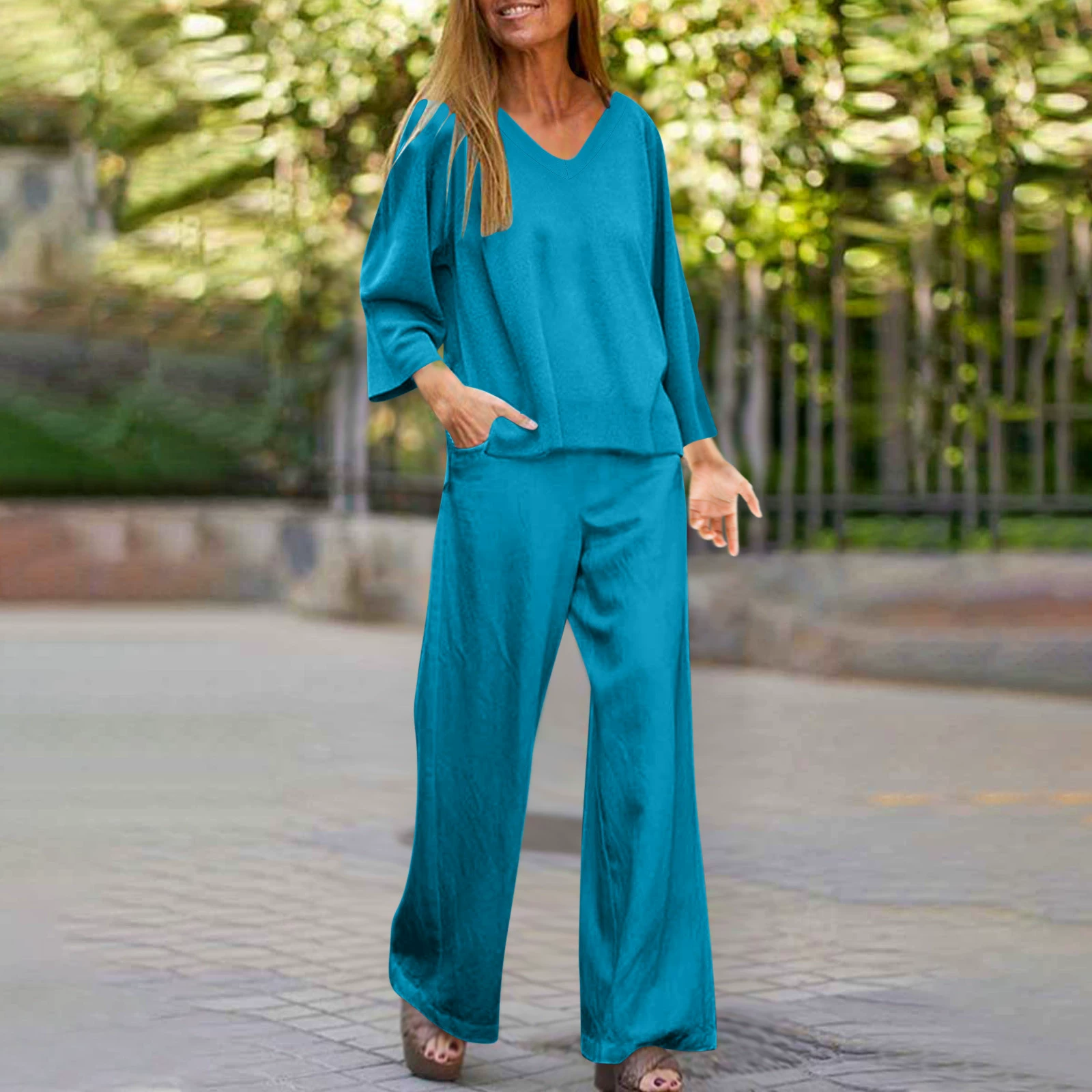 2023 Amazon трансграничная Женская мода Повседневная Свободная Однотонная футболка + брюки костюм из двух предметов