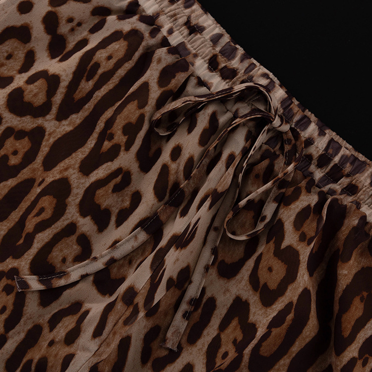 Vacation Summer Leopard Print Loose Outfit Sexy See through Long Sleeves Shirt Shorts Two Piece Set