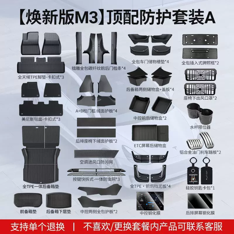 2025款焕新版Model3全车改装配件适用特斯拉脚垫护角毛毡内饰防护