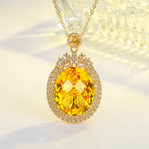 Live Broadcast Large Dove Egg Yolk Diamond Colored Treasure Pendant Palace Style Luxurious Zircon Full-Inlaid Oval Gemstone Necklace
