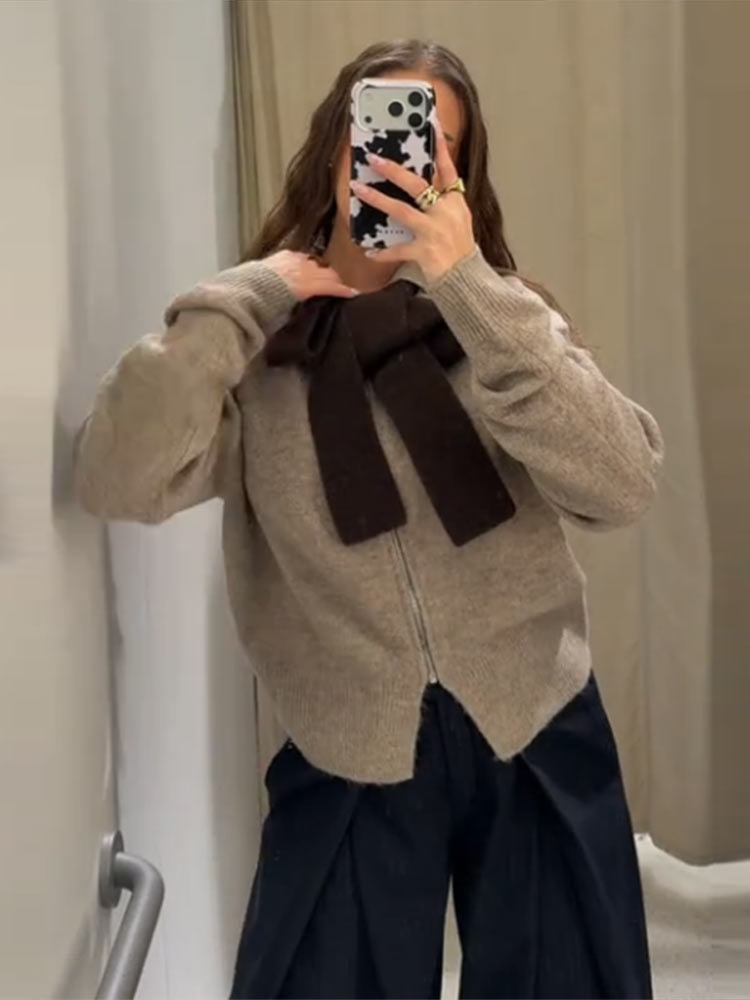 Moda coreana estilo casual de color sólido encapuchado suéter de arco cardigan 2025 cruzado Europa y los Estados Unidos nuevo caliente