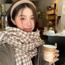 秋冬千鸟格围巾女韩版百搭保暖甜美情侣氛围感韩版网红同款围脖潮