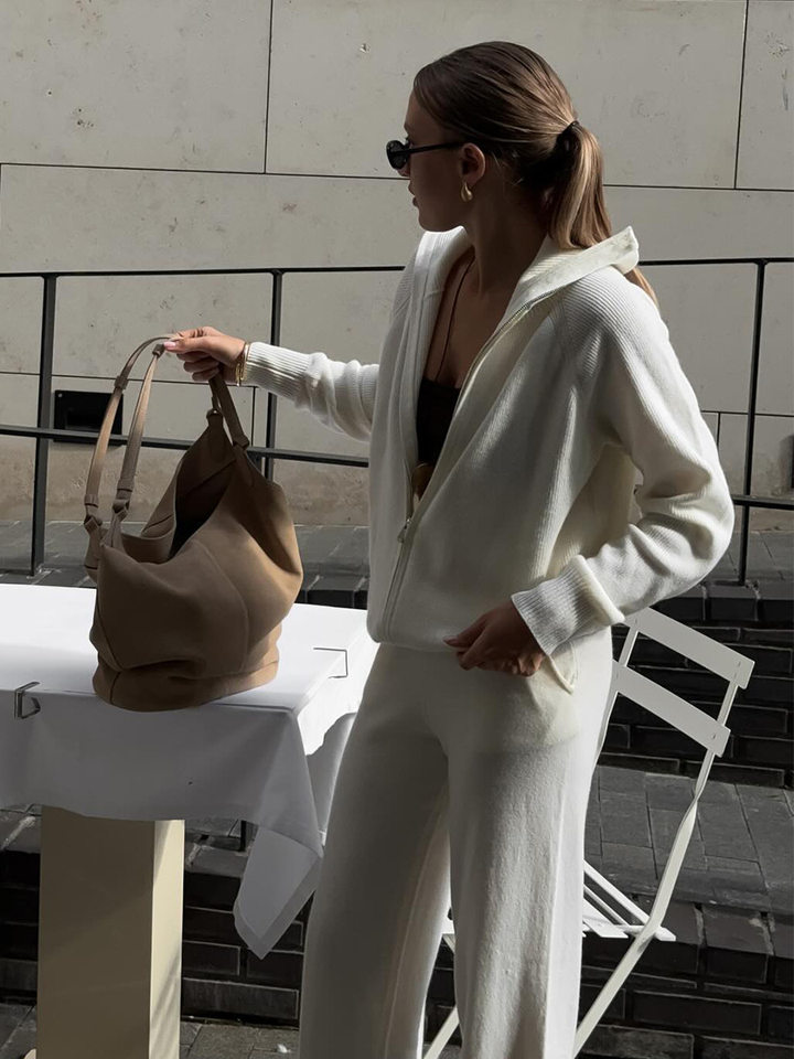 Bộ áo cardigan dệt kim khóa kéo phối quần dài ống rộng nữ — màu bột yến mạch, màu nâu, màu xám, trắng chi tiết 43
