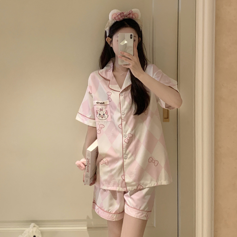 Pijamas de algodón de verano, chicas dulces estudiantes, cardigan de manga corta, pantalones cortos de dibujos animados, ropa para el hogar se puede usar fuera