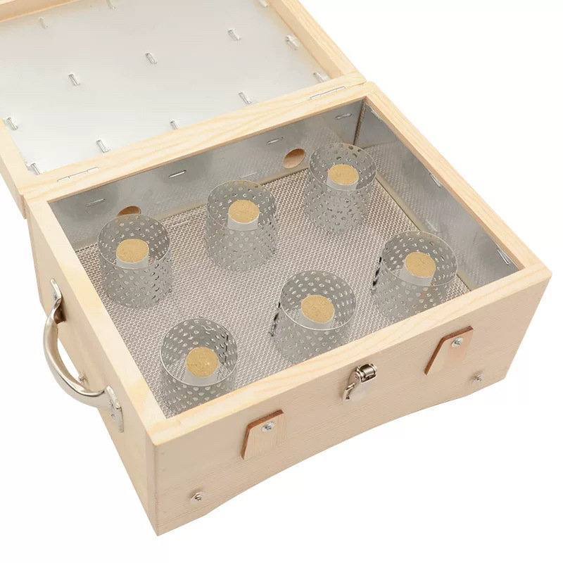 Solid Wood Moxibustion Box Flip-Top Six-Needle Insert Design for Waist and Back Ginger-Partition Moxa Warming in use