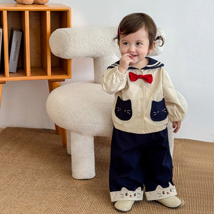 Girls' Cat Jacket 2025 New Autumn Baby Navy Style Contrast Color Top Western Style Korean Style Patchwork Casual Pants