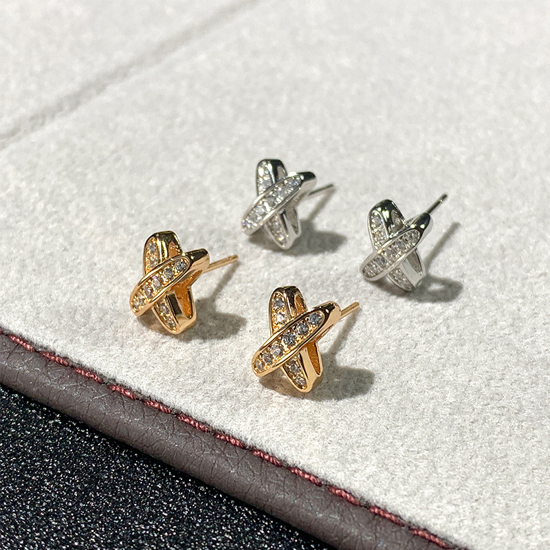 尚家V金滿鑽交叉字母X形耳釘輕奢風鑲鑽女式個性百搭簡約耳飾批發