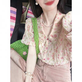 粉色郁金香碎花娃娃领短袖娃娃衫上衣女夏季甜美泡泡袖别致小衬衫