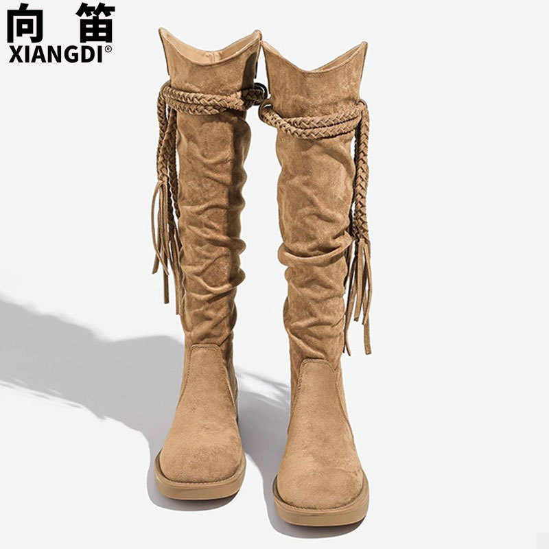 羊皮版不过膝辣妹长筒靴女显瘦粗跟西部骑士靴废土风堆堆靴高筒靴|undefined