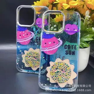 电镀摄像头透明大孔二合一超薄苹果13闪粉镶钻1516Pro手机壳
