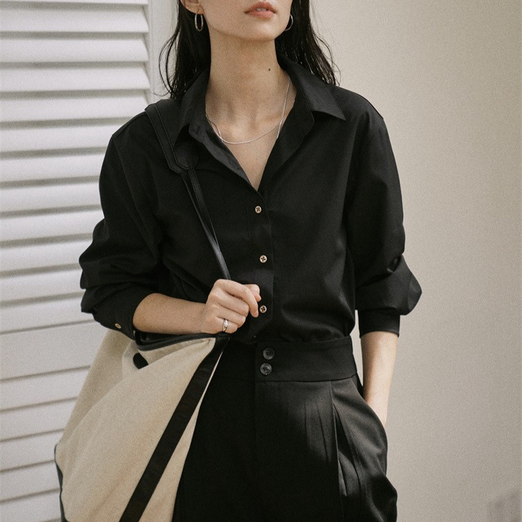 Jicouture Black Gold Buckle Classic All-match Shirt French Retro Fashion Long Sleeve Top Women's High-end Autumn