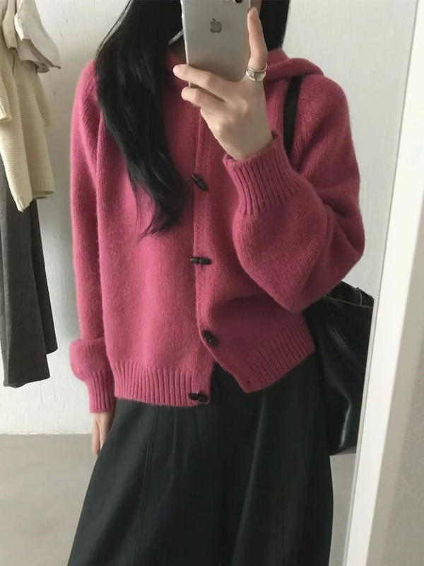 韩系复古牛角扣连帽毛衣开衫女宽松秋冬新款慵懒风显瘦针织衫外套|undefined