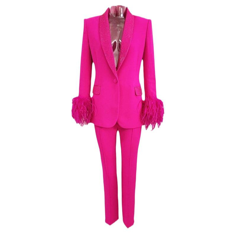 GraceChic GraceChic 2025 New European American Style Ostrich Real Feather Perm Rhinestone Green Fruit Collar Blazer And Trousers Set_voghion.com