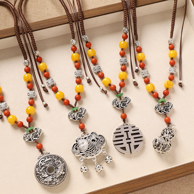 Original Hand-Woven Beeswax Necklace, New Chinoiserie Ancient Silver Pendant, Women's Retro Chinoiserie Clavicle Chain, Ethnic Style Accessories