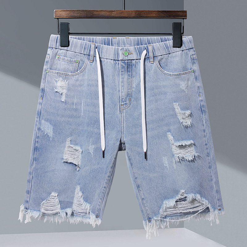 2201 Little Bull Summer Elastic Waist Men's Denim Shorts Loose High Elastic Comfortable Mid-Waist Denim Pants