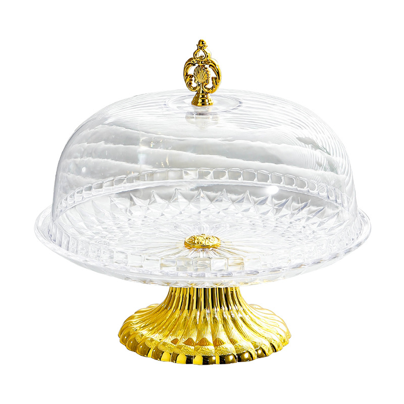 Bandeja de pastel redonda de plástico transparente de estilo europeo, mesa de exhibición de postres, bandeja de postre de fruta de pie alto creativo, adornos con tapa