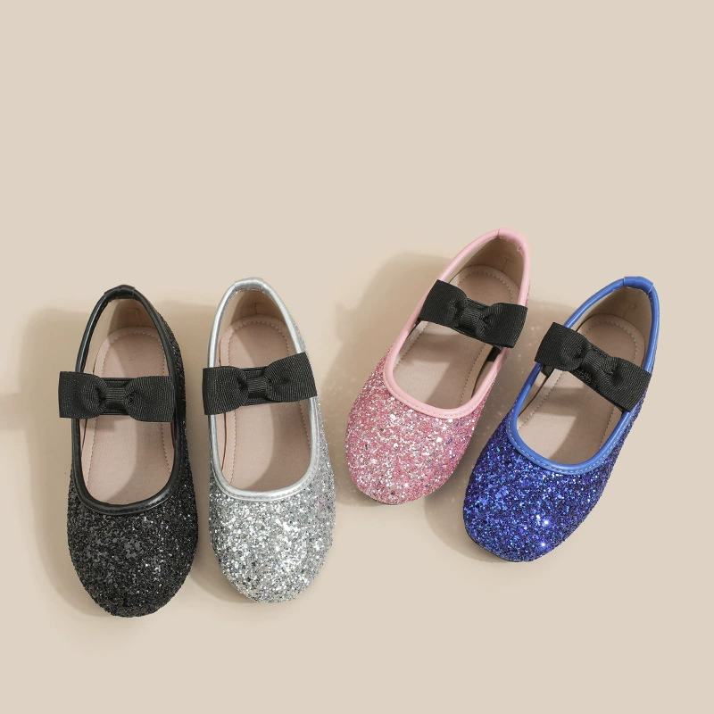 Обувь принцессы для девочек 2024 новые блестки с резинкой с бантом на плоском подошве